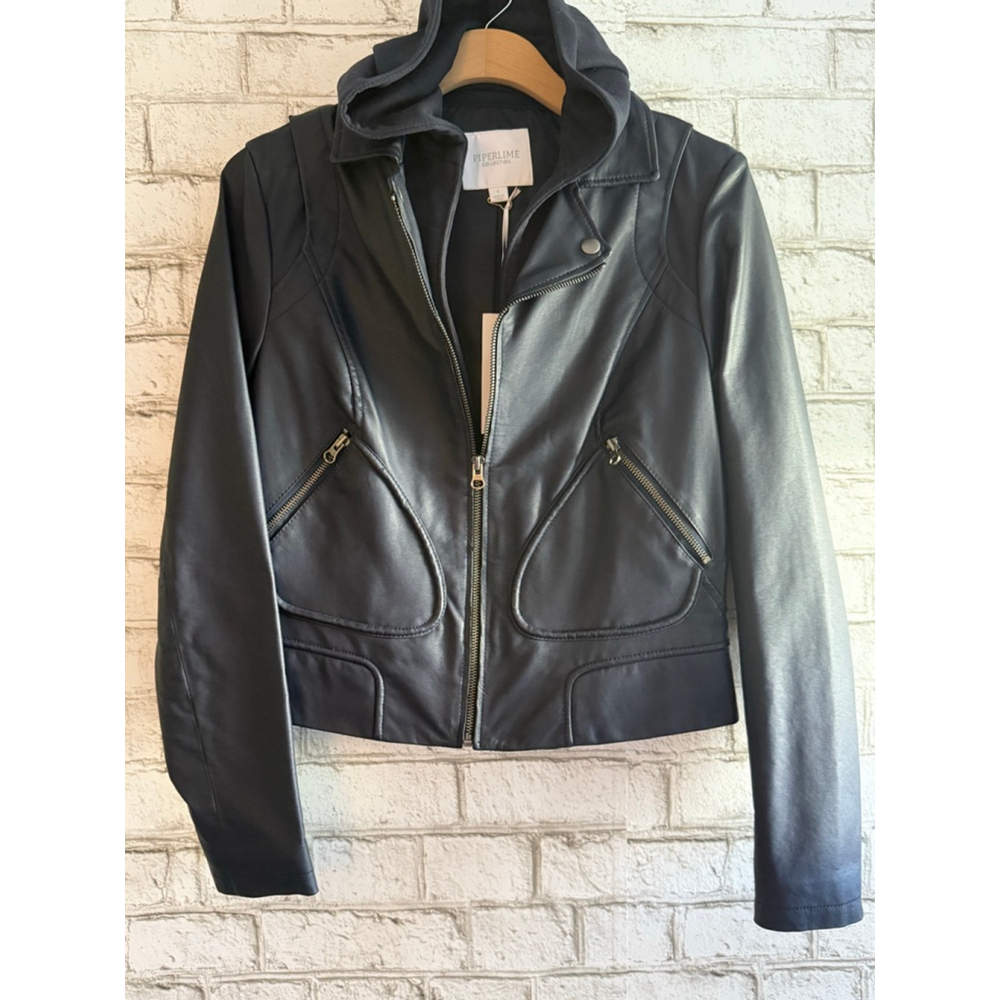 NWT Women's Faux Leather Hooded Zip up Jacket in Navy size small